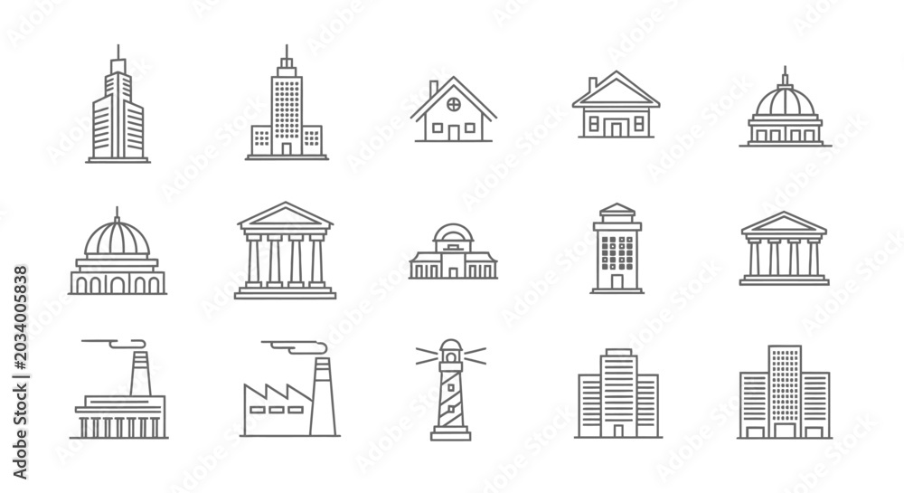 Obraz premium Building and architecture minimalist line icon set on white background