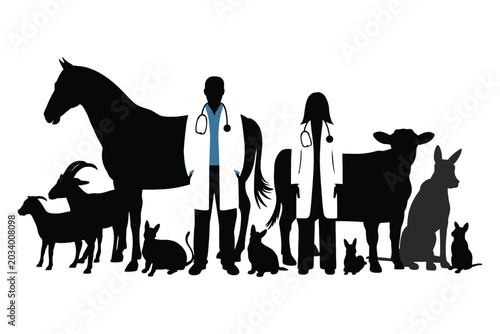 Vector silhouette of veterinarian with group of farm animals isolated on white background. Veterinary care symbol with cow, horse, sheep, pig, dog and cat for agriculture and animal health design