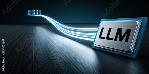 High speed neural processor chip labeled LLM accelerating data streams with glowing light trails