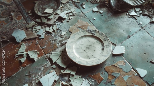 A broken plate in the shape of a circle on the floor.