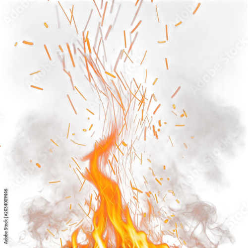 Bright orange flames rising from a base with scattered glowing embers and sparks floating upwards against a dark, smoky, textured background