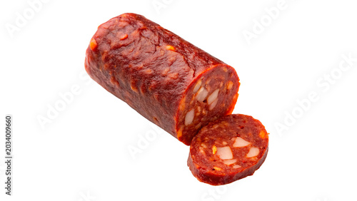 A piece of smoked red salami sausage with slices isolated on transparent background PNG cut out