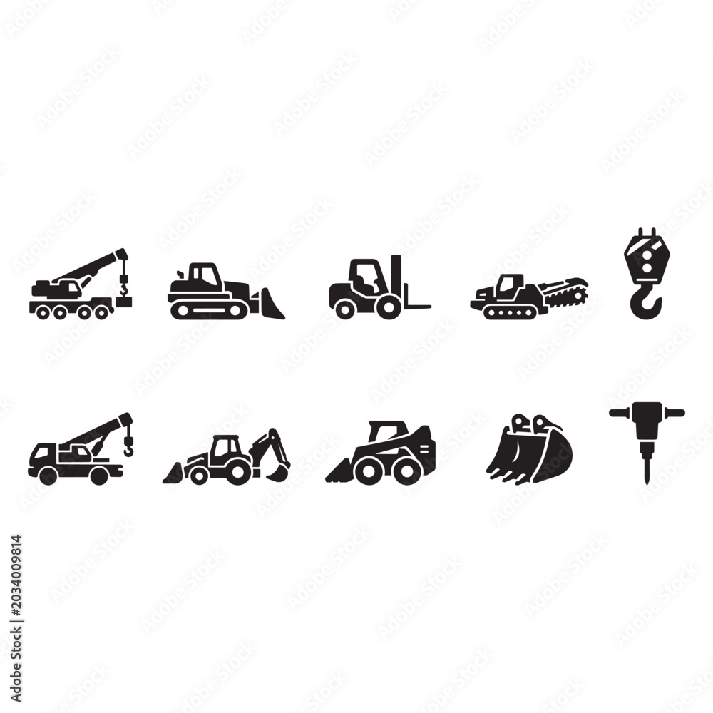 Obraz premium Construction Transport Vehicle Glyph Icons PackConstruction transport vehicle glyph icons for industrial engineering, heavy machinery, and building projects.