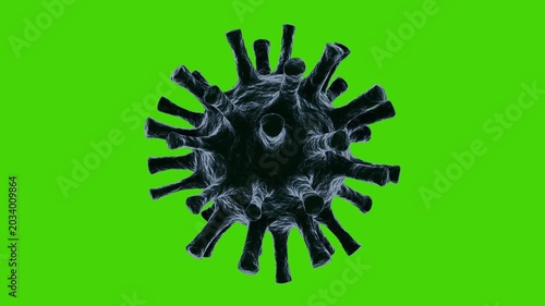 3D virus cell seamless loop rotating 360 degrees on a chroma key green screen. Perfect for medical video editing, scientific animation graphics, and custom screen overlays.