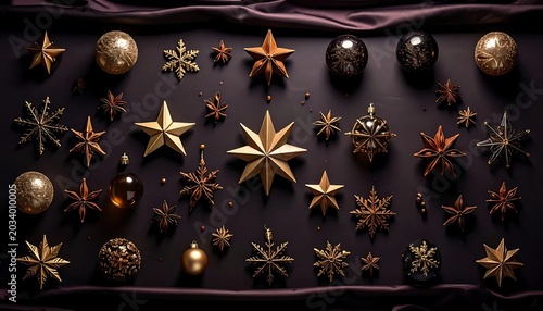 Elegant Golden Star Ornaments Arranged on Dark Satin Holiday Background