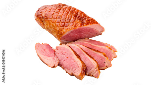 Slices of gourmet roasted pink duck breast meat fillet isolated on transparent background PNG cut out