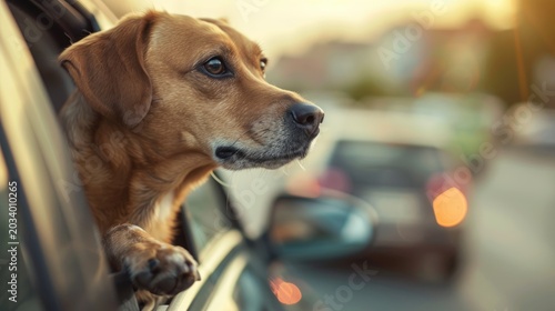 A pet dog enjoys a fun car ride, sticking his head out of the window and admiring the beautiful view of the street.
