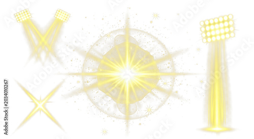 Bright yellow stadium floodlights, glowing starbursts, and radiating light beams isolated on a solid black background