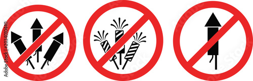 Photography Prohibition signs featuring fireworks illustrations in red circles with diagonal