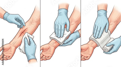 A guide showing how to apply direct pressure to a wound using appropriate technique in a workplace first aid scenario.