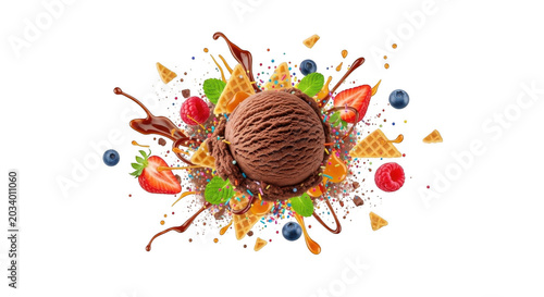 Chocolate ice cream scoop with strawberry, blueberry, mint leaf, and waffle cone pieces exploding on a black background