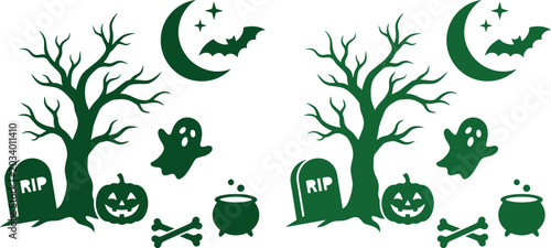 Photos ハロウィンナイトの不気味なシルエット、墓石、幽霊、カボチャ、コウモリ、月、枯れ木が描かれたダークグリーンのベクターイラストセット。秋のイベントやパーティーの装飾