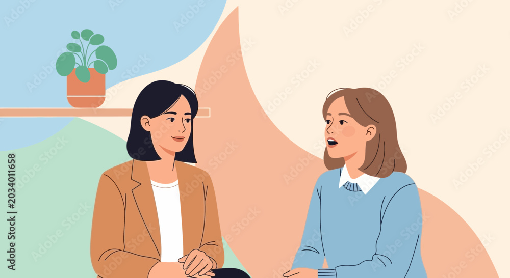 Fototapeta premium Two women talking in a cozy room, discussing ideas and sharing thoughts