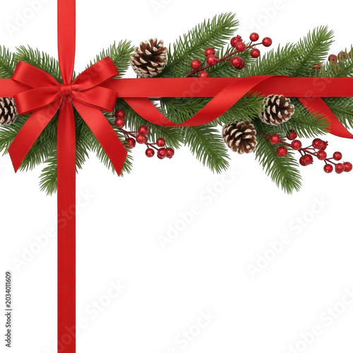 Christmas garland with green pine branches, red berries, brown pinecones, and a large red satin ribbon bow on a black background