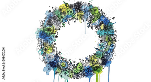 Circular wreath composition of blue and green hand-drawn doodle patterns, ink and watercolor paint drips on a solid black background