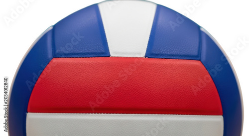 Close-up of a red, white, and blue volleyball with textured synthetic leather panels isolated against a solid black background