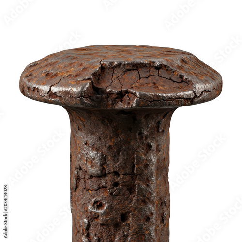Close-up of a weathered, rusted iron railroad spike head with cracked, pitted, and textured metal surface against a black background