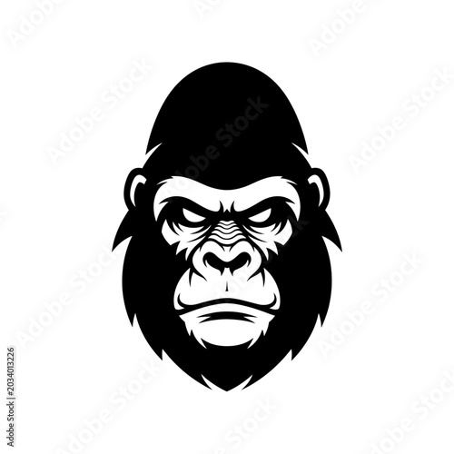 Tablou pe pânză Black and white illustration of a fierce, detailed gorilla face with intense exp