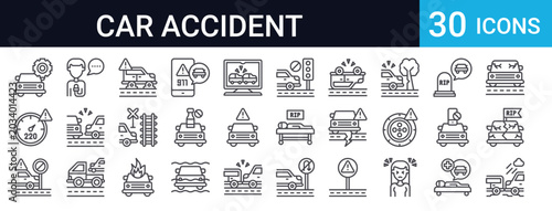Photos Car Accident Safety Icons Set of 30 Thin Line Vector