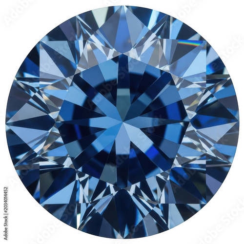 Close-up view of a round cut blue diamond gemstone with geometric facets reflecting light against a solid black background