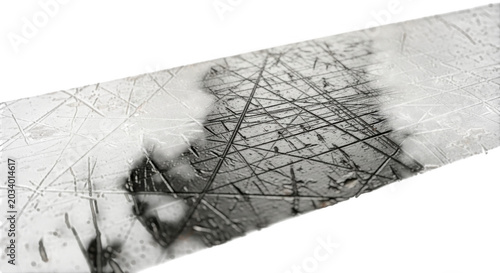 Close-up view of a scratched metallic surface with diagonal lines, worn texture, and reflective light patches on a dark background