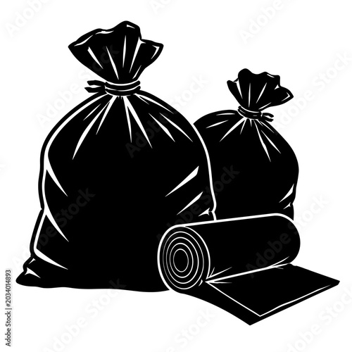 Solid black silhouette of garbage bags isolated on white background, concept of waste management 