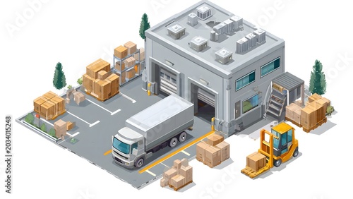 Warehouse Storage Facility with Delivery Truck and Forklift.