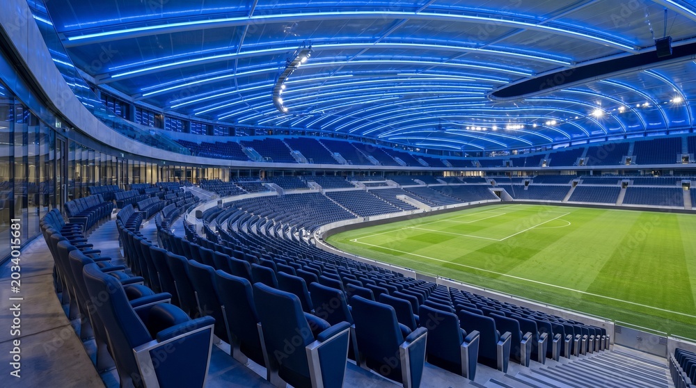 Naklejka premium Empty soccer stadium with green field and blue seats