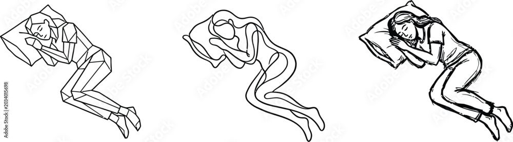 Fototapeta premium Sleeping woman vector illustration set with geometric, continuous line, and sketch style