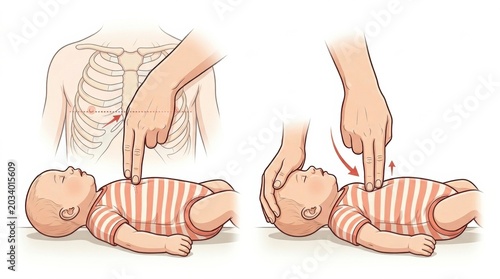 A hand performs a two-finger technique on an infant to show first aid methods during an emergency response session at a workplace.