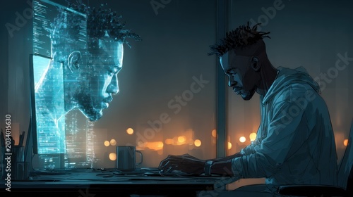 Man sitting at a desk with a laptop computer deepfake concept background