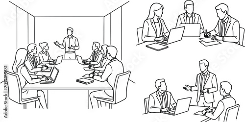 Business People in Conference Room Meeting and Corporate Presentation Line Icon Vector Set