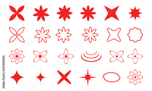 Set of red geometric star and flower arranged on a transparent background, for projects