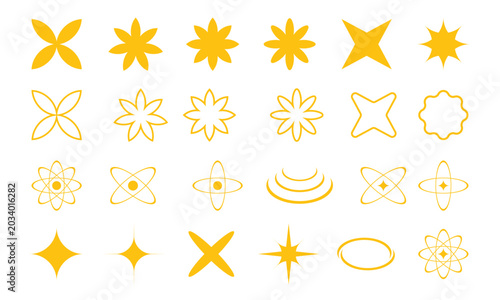 Collection of yellow geometric star and flower isolated on a transparent background