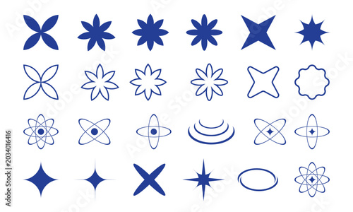 Collection of blue geometric star, flower, and atom symbols on a transparent background