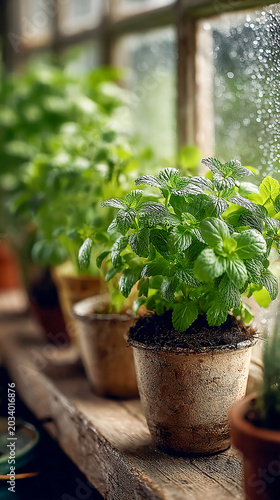Cozy kitchen interior with basil parsley dill mint and green onions thriving on a sunny windowsill
