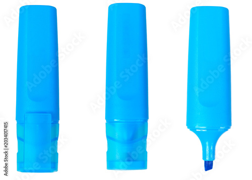 A set of three bright blue highlighters shown from different angles, including capped and uncapped options, isolated on a solid black background