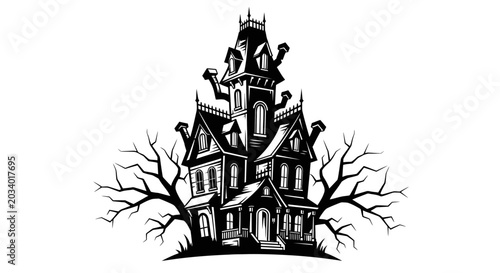 Black and white illustration of a spooky haunted house and bare trees
