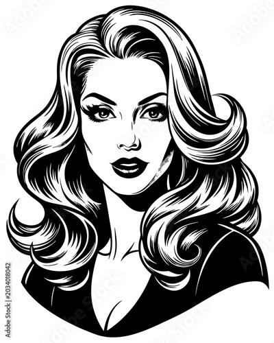 Woman with long hair and bold expression in black and white illustration style shows style and confidence without any colors Generative AI