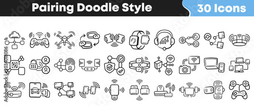 Fotografie Collection of various electronic device pairing icons in doodle style