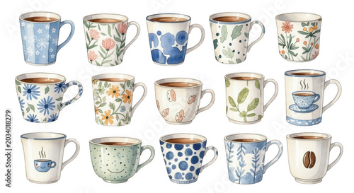 Collection of fifteen ceramic coffee mugs with various hand-painted floral, polka dot, and abstract blue and green patterns on a black background