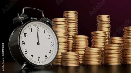 Alarm clock next to shrinking stacks of gold coins symbolizing time-driven wealth loss in an animation on a dark background. Inflation impact, retirement fund loss, and investment risk presentations.