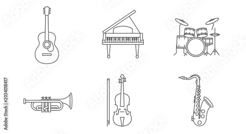 Musical instruments collection guitar piano drums trumpet violin saxophone