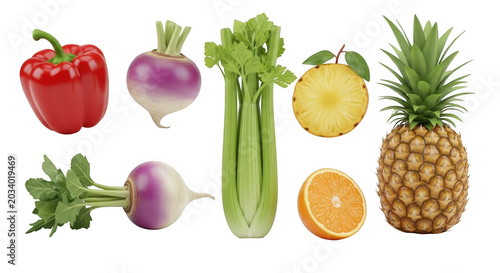 Collection of fresh vegetables and fruits including red bell pepper, turnips, celery stalks, pineapple, and sliced citrus isolated on black