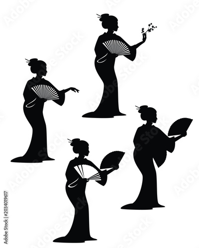 beautiful japanese geisha dancing with hand fan  - black and white vector silhouette outline of standing asian beauty performing graceful movements