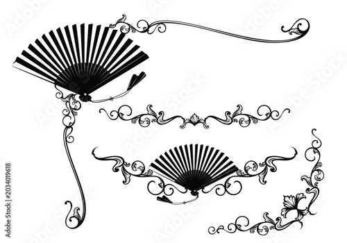 classical theater theme black and white vector corner frame border design set of calligraphic decorative elements with asian style hand fan