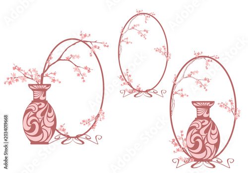 ceramic vase and  sakura flower branches decorating art nouveau style oval frame - spring season florist vector design