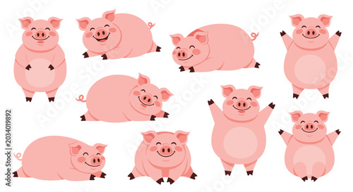Delightful collection of cute pink pig characters shown in many playful poses including waving, sleeping, and standing together.