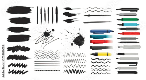 Collection of hand-drawn white ink brush strokes, wavy lines, ink splatters, and colorful felt tip markers on a black background
