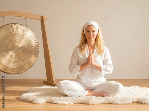 Woman practicing kundalini yoga sitting on sheepskin rug next to golden gong in bright studio space.
